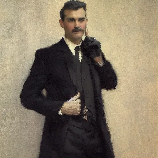 Image similar to detailed portrait of man in black suit and black coat, spring light, painting by gaston bussiere, craig mullins, j. c. leyendecker