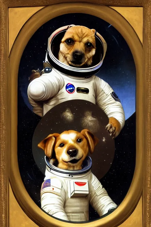 Prompt: portrait of a dog astronaut, wearing an astronaut helmet, by bouguereau