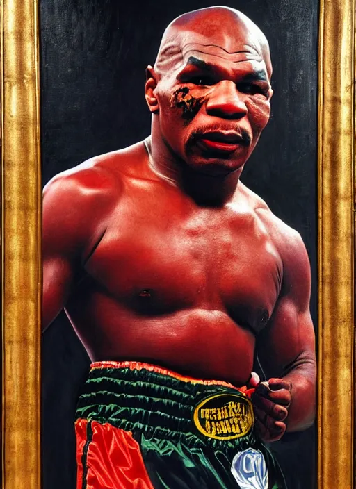 Image similar to oil portrait of mike tyson : : evocative of lurid, grisly, disgusting picture of dorian grey : : painted by chicago painter ivan albright in 1 9 4 5