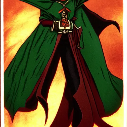 Prompt: Warlock, wearing dark green robes, controlling shadows, in the style of the castlevania show
