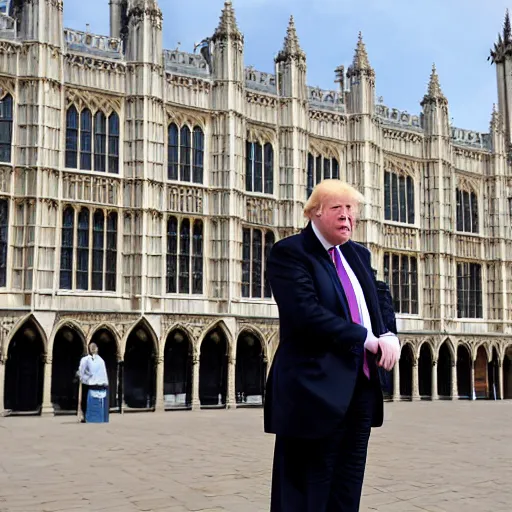 Image similar to a paparazzi photo of boris johnson on a date with donald trump along the houses of parliament, london, the sun newspaper, detailed, canon eos, f / 1. 2, 2 0 0 mm lens