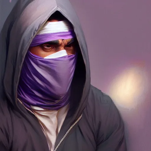 Image similar to ultra realistic illustration, man in a black hood, in a striped purple balaclava, mysterious, highly detailed, digital painting, artstation, concept art, smooth, sharp focus, illustration, art by artgerm and greg rutkowski and alphonse mucha