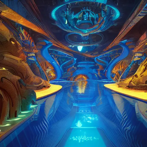 Prompt: Concept Digital Art Highly detailed Art Deco Cybertronian lazy river inside of the Palace of the Primes with glowing blue water at night by Stephen Hickman and Beeple. Very highly detailed 8K, Kodak Portra 400 in style of Hiromasa Ogura Ghost in the Shell, the golden ratio, rational painting