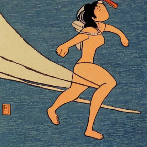 Image similar to Beautiful Japanese woman running from an old samurai on the beach Toshio Saeki, high detailed