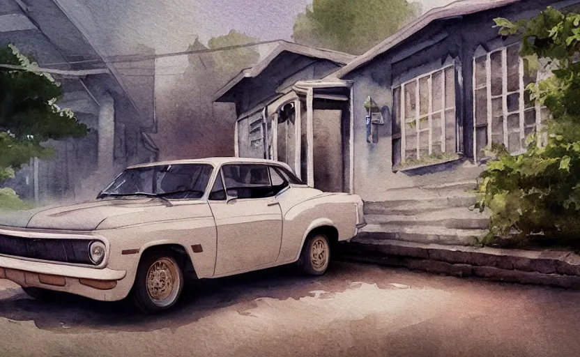 Prompt: a watercolor painting of a chevrolet opala parked near a 1 9 0 0 s house, digital painting, masterpiece, hyperrealistic, concept art, trending on deviantart, highly detailed, high quality, 4 k, symmetrical, low contrast, watercolor, warm, soft lighting, path traced, godrays, vintage, soft colors