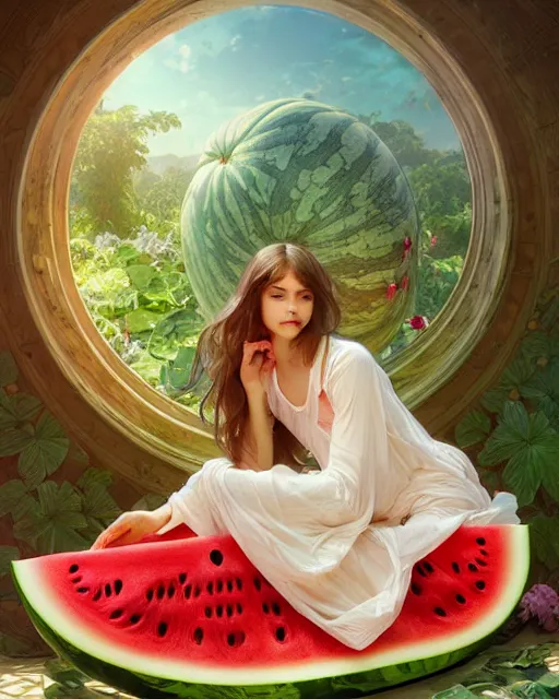 Image similar to an angel living inside a giant watermelon, watermelon house, posing, highly detailed, digital painting, artstation, concept art, smooth, sharp focus, illustration, art by artgerm and greg rutkowski and alphonse mucha