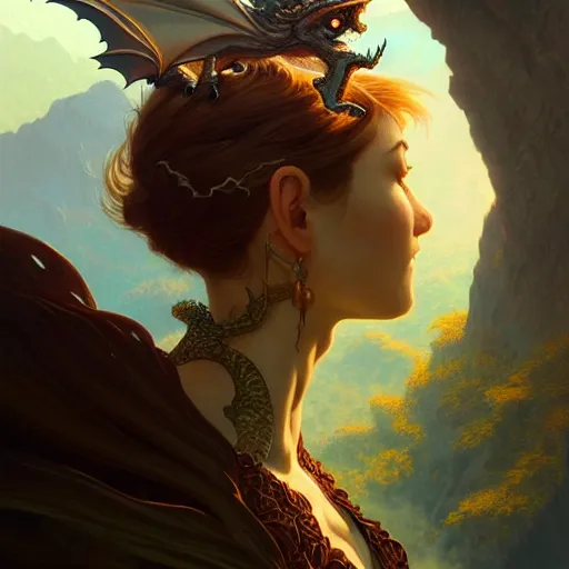 Image similar to baby dragon watching the world underneath, mountains, d & d, fantasy, intricate, elegant, highly detailed, digital painting, artstation, concept art, smooth, sharp focus, illustration, art by artgerm and greg rutkowski and alphonse mucha