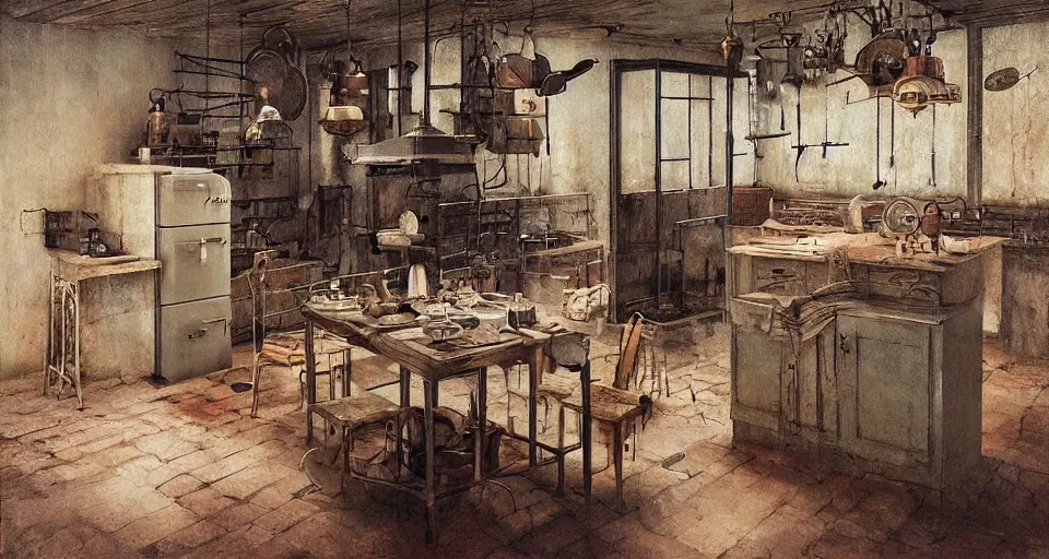 Prompt: IKEA catalogue photo of a steampunk farmhouse kitchen, by Beksinski