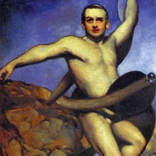 Prompt: a painting of benjamin netanyahu as sisyphus, carrying boulder on shoulders, by franz stuck
