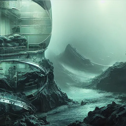 Prompt: deep sea mining installation, science fiction, dark, sinister, gradients, highly detailed, cinematic matte painting, concept art, smooth, sharp focus