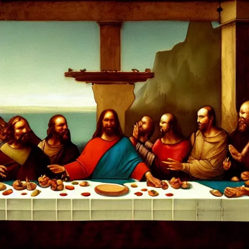 Image similar to mandalorian as jesus at the last supper, by leonardo davinci, concept art, oil painting, art station