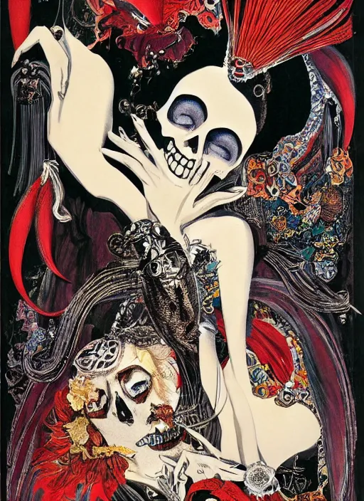 Prompt: a vintage movie poster titled Vulvine of a woman in love with skull oriental, dark, jewels, by Saul Bass, by Georgia o Keeffe, by Yoshitaka Amano, by Gustave Moreau