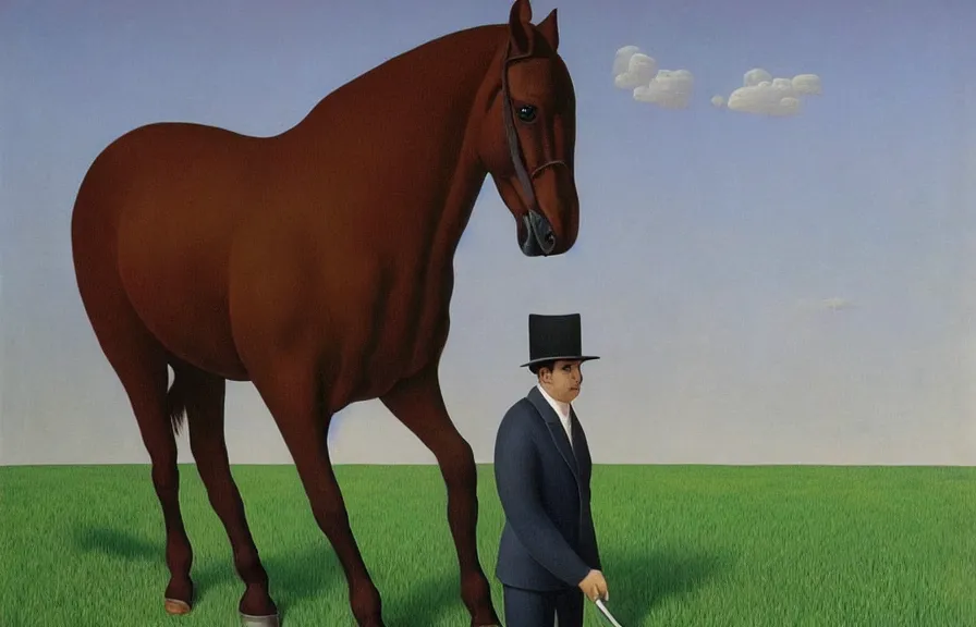 Prompt: surreal painting of a horse accountant by rene magritte