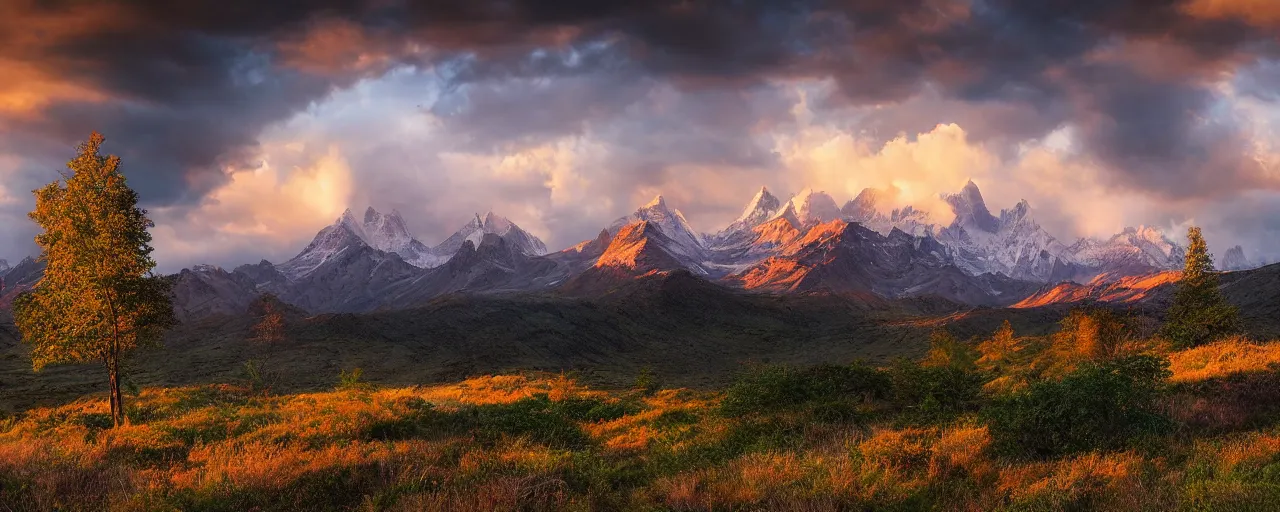 Prompt: beautiful landscape photo by marc adamus, mountains, tree in the foreground, dramatic sky,