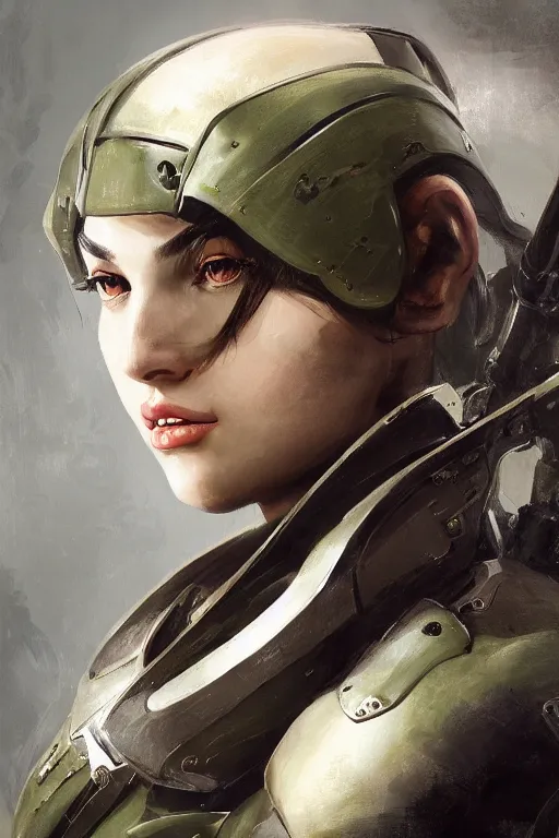 Image similar to a professionally painted portrait of an attractive young woman, clothed in military armor, olive skin, long dark hair, beautiful bone structure, symmetrical facial features, intricate, elegant, digital painting, trending on Artstation, concept art, smooth, sharp focus, illustration, from Metal Gear by Ruan Jia and Mandy Jurgens and Artgerm and William-Adolphe Bouguerea, award winning