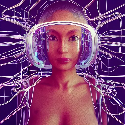 Prompt: swimming through a pile of modular synth cables, empathy machines, and vr headsets to see a kawaii puerto rican goddess staring through the mothership of your soul with skin made of transparent glass, wearing a headpiece made of circuit boards, by masamune, alastair reynolds, eastman color, trending on artstation, cinematic, 3 d render, photorealistic