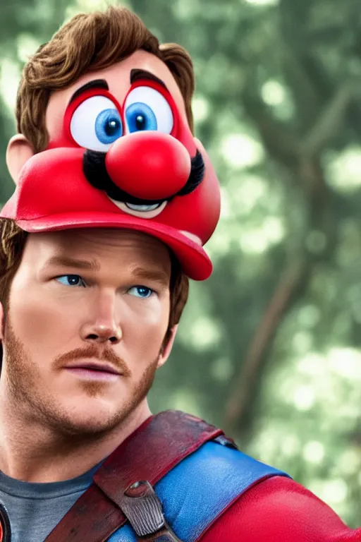 Image similar to a movie still of chris pratt as mario, highly detailed, studio lighting