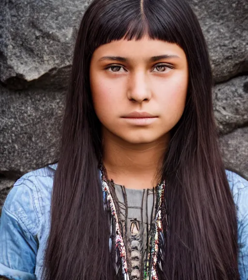 Image similar to professional, incredibly detailed headshot of a native american cherokee teenage girl with dark hair, beautiful eyes, a rebellious look, choppy hair with sideswept bangs, symmetrical features, realistic 8 k professional photography, midday lighting, defiant, octane, volumetric lighting, 7 0 mm, beautiful