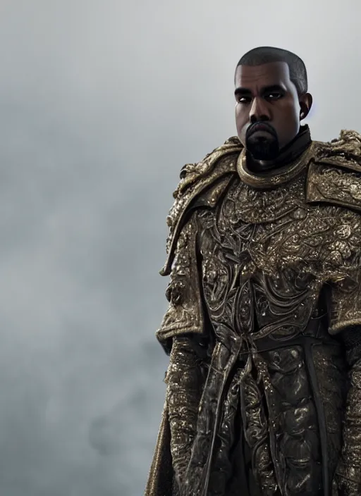 Image similar to kanye west as emperor napoleon in elden ring, splash art, movie still, cinematic lighting, dramatic, octane render, long lens, shallow depth of field, bokeh, anamorphic lens flare, 8 k, hyper detailed, 3 5 mm film grain