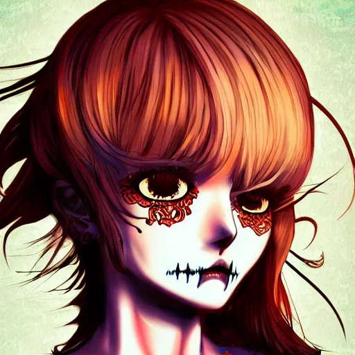 Image similar to anime manga skull portrait girl face closeup eyes detailed highres 4k kanye Mucha and James Jean pop art nouveau