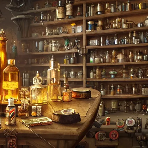 Image similar to An intricate scene with a lot of magic bottles and mechanisms of an alchemist, other bookshelves with bottles and alchemy stuff in the background::fantasy, detailed concept art, artstation, high details::8K, 4K, sharp focus, octane render