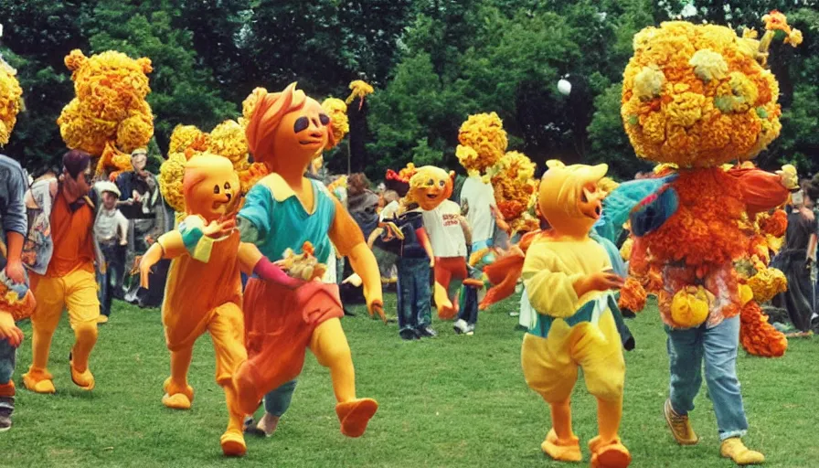 Prompt: 1990s candid photo of a beautiful day at the park, cinematic lighting, cinematic look, golden hour, large personified costumed flower people in the background, Enormous flower people mascots with friendly faces chasing kids, kids talking to flower people that are kinda scary, UHD