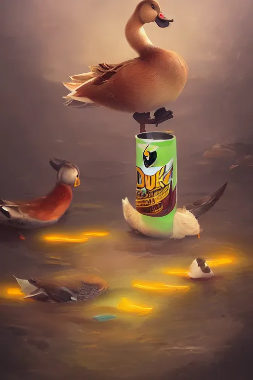 Image similar to duck drinks energy napiokmonstr energy, concept art, wlop, digital painting, trending on artstation, highly detailed, epic composition, official media, 8 k uhd