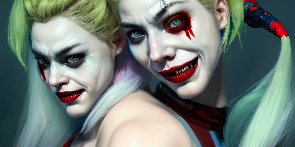 Prompt: ultra detailed close up facial portrait of harley quinn, green eyes, sharp bone structure, extremely detailed digital painting, in the style of fenghua zhong and ruan jia and jeremy lipking and peter mohrbacher, mystical colors, rim light, beautiful lighting, 8 k, stunning scene, raytracing, octane, trending on artstation