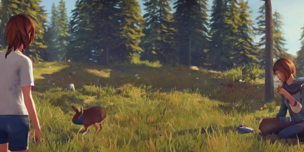 Image similar to max caulfield petting a rabbit in the video game life is strange, screenshot