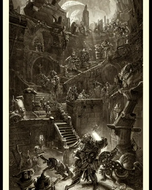 Image similar to a party of adventurers in an endless dungeon by Piranesi