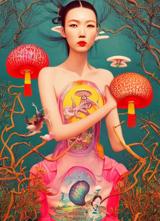 Prompt: pretty chinese model with magic mushroom : : by martine johanna and simon stalenhag and chie yoshii and casey weldon and wlop : : ornate, dynamic, particulate, rich colors, intricate, elegant, highly detailed, vogue, harper's bazaar art, fashion magazine, smooth, sharp focus, 8 k, octane render,