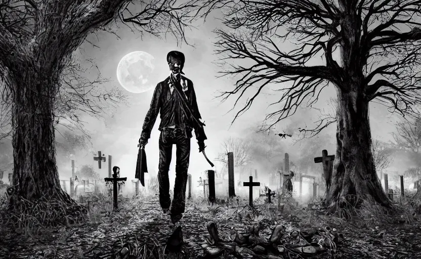 Prompt: dead anarchist walking through a cemetery, middle finger, pirate flag in his arms, evil dead face, leather coat, dark night, full moon, many zombies and walking deads, crows on the oak tree, highly detailed digital art, photorealistic