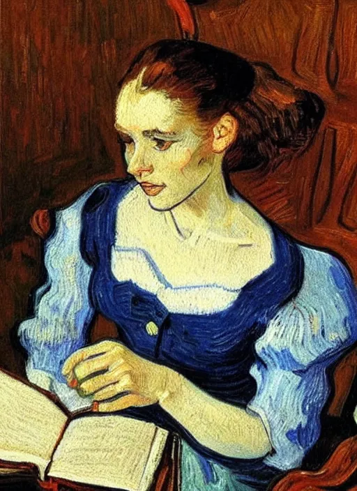 Image similar to lifelike oil painting portrait of belle reading a book by van gogh