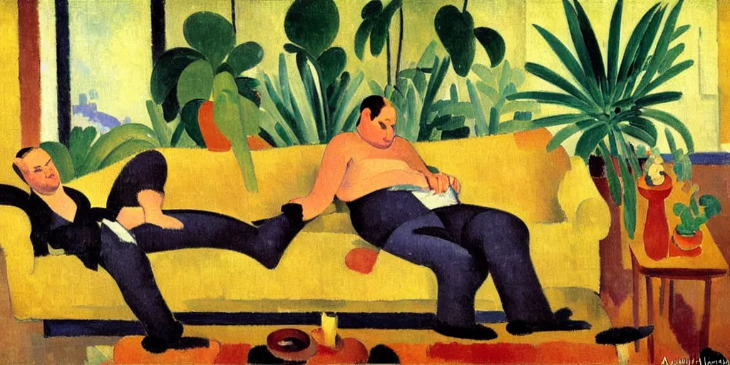 Prompt: A cozy, warm living room, bathed in golden light, with many tropical plants and succulents, a lone!!!! figure is resting on an old couch, highly relaxed, sunday afternoon, living the good life, at peace, figurative oil on canvas by André Derain, Albert Marquet, Auguste Herbin, Louis Valtat, Musée d'Orsay catalogue