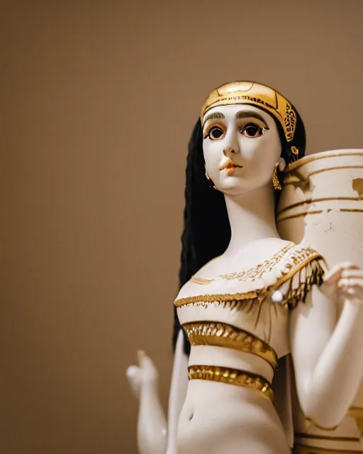 Prompt: high quality presentation photo of cleopatra as a porcelain doll, photography 4k, f1.8 anamorphic, bokeh, 4k, Canon, Nikon