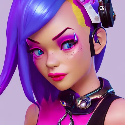 Image similar to still of pretty Jinx (LoL) in KDA music video. 3d render, octane render, game art, realistic, highly detailed, trending on artstation, 4k, trending on artstation, pixar, cgsociety, unreal engine 5, redshift render, trending on artstation, blender, behance, cg