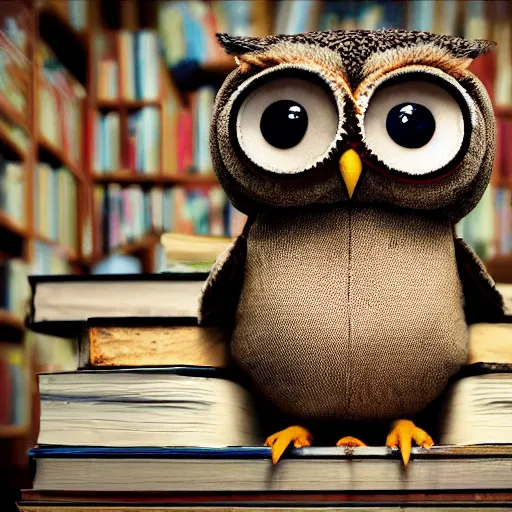 Prompt: long shot of a very cute plush owl sitting on a pile of antique books, big eyes half closed, by naoto hatori, by yoshita amano, by esao andrews, humorous illustration, hyperrealistic, big depth of field, fresh colors, dim light, 3 d octane render conceptart, 4 k, highly detailed, trending on artstation