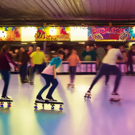 Image similar to people roller skating in a dimly lit roller rink made of cheese