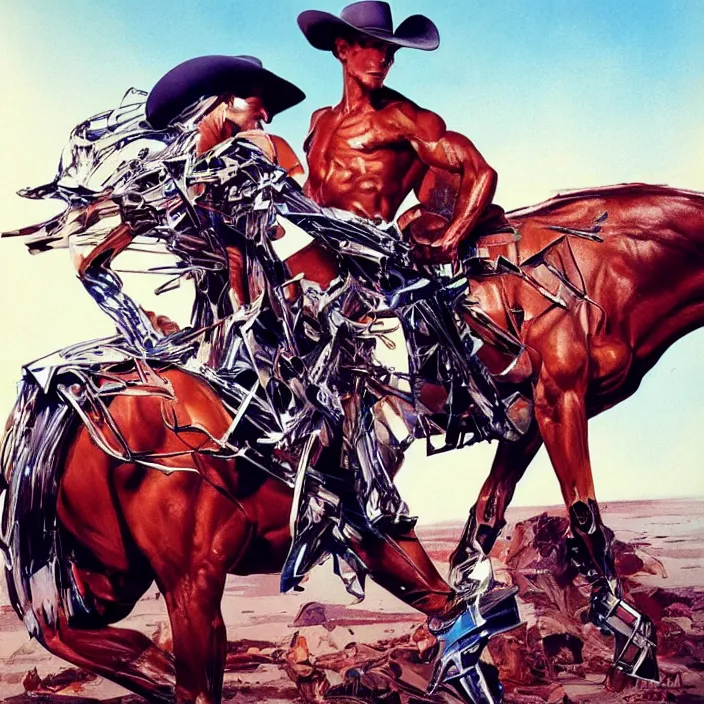 Prompt: muscular cowboy, full body, high fashion, futurism, aerodynamic, flowing, intricate, slick, highly detailed, digital painting, vogue, concept art, smooth, sharp focus, hd, art by syd mead and john berkey and annie leibovitz