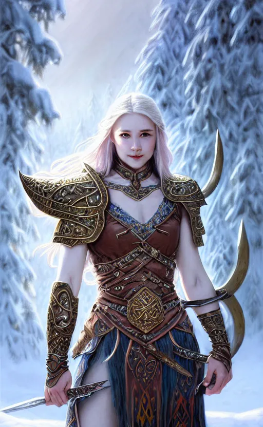 Image similar to opal viking warrior, regal, elegant, winter, snow, beautiful, stunning, hd, illustration, epic, d & d, fantasy, intricate, elegant, highly detailed, wide angle, digital painting, artstation, concept art, smooth, sharp focus, illustration, wallpaper, art by artgerm and greg rutkowski and alphonse mucha and jin xiaodi