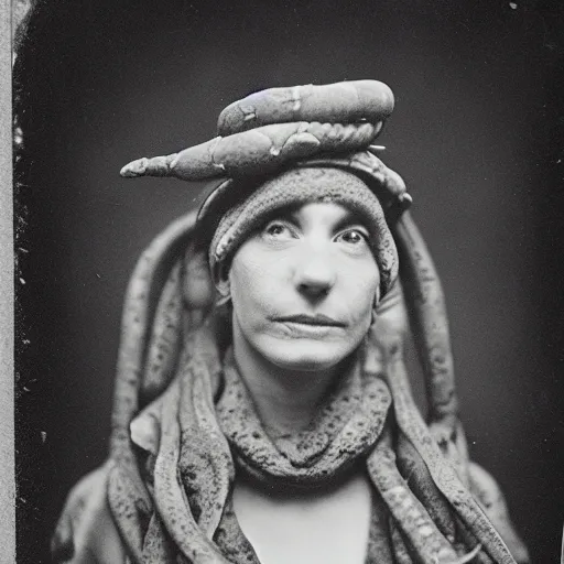 Image similar to a wet plate photo of a boa constrictor!!!! snake!!!!!!!!!!!!! wearing a tiny jester hat : : 5 h 7 6 0