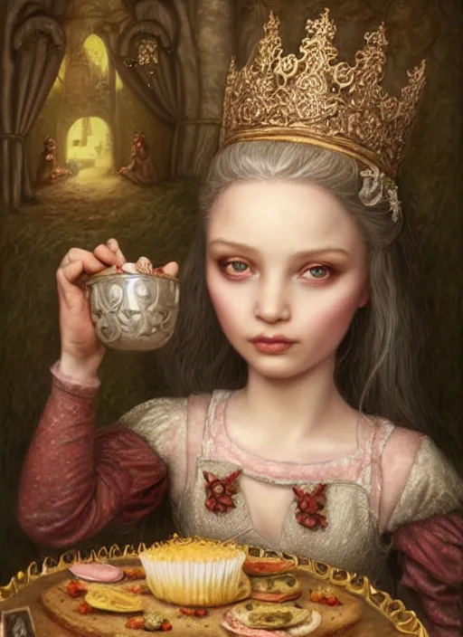 Image similar to highly detailed closeup portrait of a fairytale medieval princess eating cakes, unreal engine, nicoletta ceccoli, mark ryden, lostfish, earl norem, global illumination, god rays, detailed and intricate environment