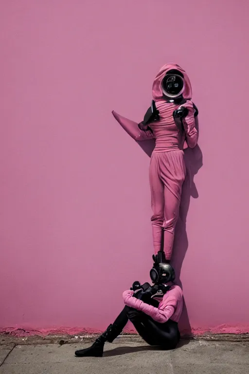 Image similar to a surreal portrait of intertwined and contorted figures wearing gas mask next to a pink wall in the style of brooke didonato, editorial fashion photography from vogue magazine, full shot, nikon d 8 1 0, ƒ / 2. 5, focal length : 8 5. 0 mm, exposure time : 1 / 8 0 0, iso : 2 0 0