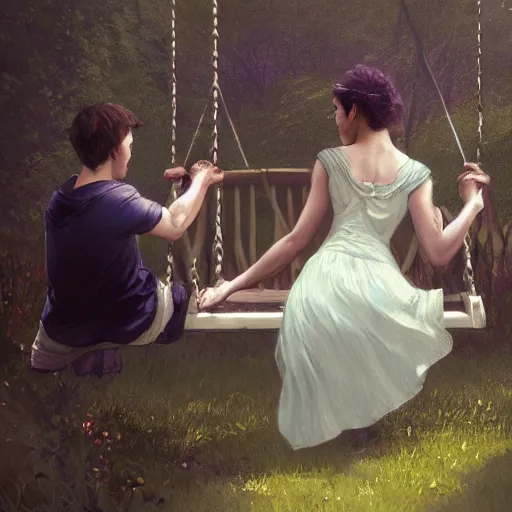 Prompt: a couple sitting on a swing together, blurred backround, back profile, beautiful, digital painting, artstation, concept art, soft light, hdri, smooth, sharp focus, illustration, fantasy, intricate, elegant, highly detailed, D&D, matte painting, in the style of Greg Rutkowski and Alphonse Mucha and artemisia, 8k, highly detailed, jurgens, rutkowski, bouguereau, pastoral, rustic, georgic