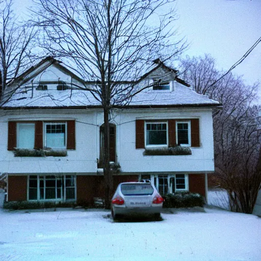 Prompt: a high flash photo of a suburban home from the street during winter, 2 0 0 6, taken with a disposable camera