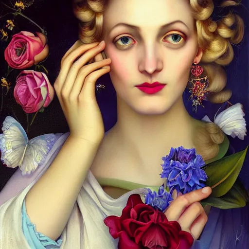 Image similar to dynamic composition, shy woman with blonde hair full of spring flowers wearing ornate earrings, ornate gilded details, pastel colors, a surrealist painting by tom bagshaw and jacek yerga and tamara de lempicka and jesse king, wiccan, pre - raphaelite, featured on cgsociety, pop surrealism, surrealist, dramatic lighting