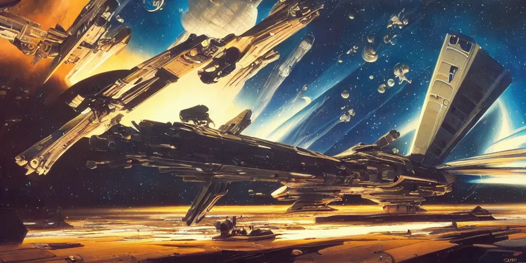 Prompt: a beautiful space scene with a spaceship, ralph mcquarrie, syd mead, john berkey, art bean trending on artstation, highly detailed oil painting, hyperrealistic, cinematic, dramatic lighting