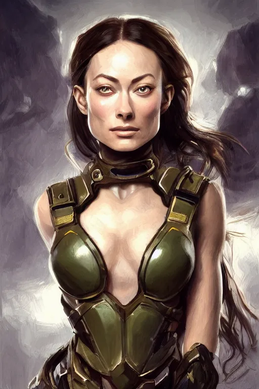 Image similar to a professional painting of a young Olivia Wilde, clothes in military armor, olive skin, long dark hair, beautiful bone structure, symmetrical facial features, intricate, elegant, digital painting, concept art, smooth, sharp focus, illustration, from StarCraft by Ruan Jia and Mandy Jurgens and Artgerm and William-Adolphe Bouguerea