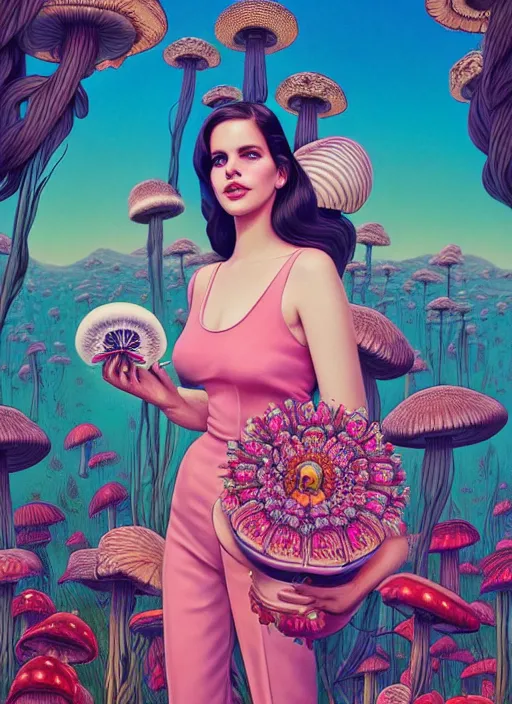 Image similar to pretty lana del rey with hallucination mushroom : : by martine johanna and simon stalenhag and chie yoshii and casey weldon and wlop : : ornate, dynamic, particulate, rich colors, intricate, elegant, highly detailed, vogue, harper's bazaar art, fashion magazine, smooth, sharp focus, 8 k, octane render,