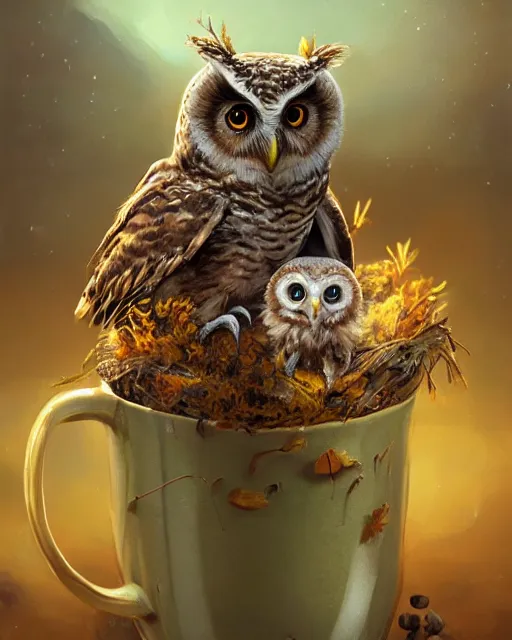 Image similar to long shot of a very cute owl chick nesting in a mug, esao andrews, humorous illustration, hyperrealistic, big depth of field, warm colors, night scenery, low light, 3 d octane render, 4 k, concept art, hyperdetailed, hyperrealistic, trending on artstation